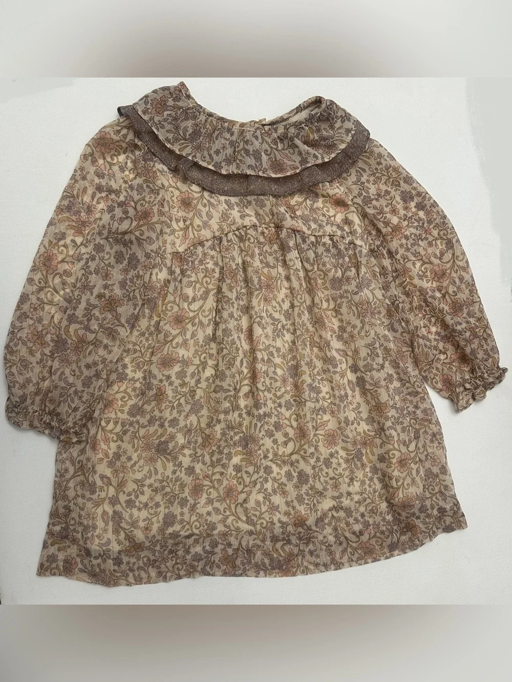 Zara girl’s floral smock dress brown ruffled collar, long sleeves.  Size 3-4T.